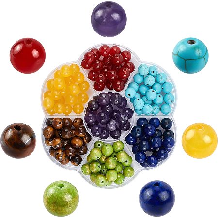 SUNNYCLUE 1 Box 140Pcs 7 Chakra Beads Natural Gemstone Geniune Stone Colorful Round Crystal Healing Energy Loose Bead Jade Agate for Jewelry Making DIY Bracelets Crafts Supplies, 8MM