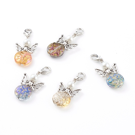 Honeyhandy Glass Pendants, with Glass Pearl Beads and Alloy Lobster Claw Clasps, Angel, Mixed Color, 40mm