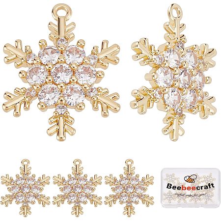 Beebeecraft 10Pcs 18K Gold Plated Snowflake Charms Cubic Zirconia Winter Christmas Charm Pendants for Crafting Bracelet Necklace Jewelry Making