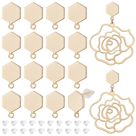 BENECREAT 16Pcs 14K Gold Plated Hexagon Stud Earring with Loop and 40pcs Plastic Ear Nuts for Earring DIY Jewelry Making 11.5x8x1.5mm, Hole: 1.2mm