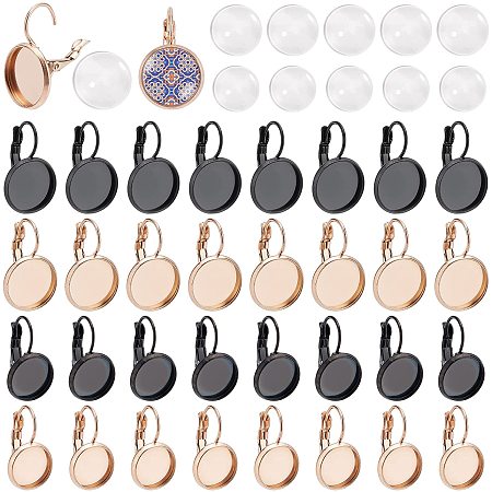 PandaHall Elite 32pcs Earring Cabochon Setting, 16pcs(8 Pairs) Lever Back Hoop Earring Hooks Ear Wires with Flat Round Tray 16pcs 10mm 12mm Clear Glass Cabochons for Earring DIY Jewelry Craft Making