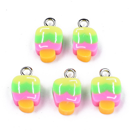Honeyhandy Handmade Polymer Clay Charms, with Platinum Tone Iron Findings, Ice Cream, Rainbow Color, 14~15x8~9.5x4mm, Hole: 1.8mm