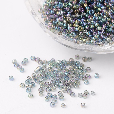 FGB 12/0 Rainbow Transparent Mini Glass Seed Beads, Spacer Loose Beads, Round, Light Steel Blue, 2x1.5mm, hole: 0.9mm, about 3000pcs/50g