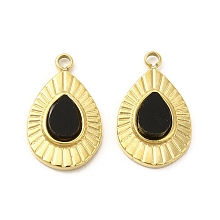 Honeyhandy Natural Black Onyx Teardrop Charms, with Vacuum Plating Real 18K Gold Plated 201 Stainless Steel Findings, 13x9x2.5mm, Hole: 1.2mm