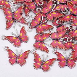 Honeyhandy Printed Alloy Pendants, with Enamel, Butterfly, Platinum, Deep Pink, 14x20.5x1.5mm, Hole: 1.6mm