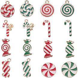 SUNNYCLUE 1 Box 32Pcs 16 Styles Candy Charms Bulk Candy Cane Charm Christmas Candies Alloy Enamel Red Gold Plated Stick Holiday Dangle Round Charm for Jewelry Making Charms DIY Necklace Earring Adults