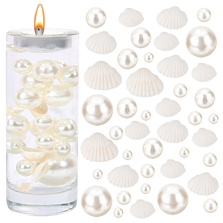 BENECREAT Ocean Theme Vase Fillers for Centerpiece Floating Candles, including Natural Shell, Plastic Imitation Pearl Undrilled/No Hole Beads, White, Beads: 10~30mm, 120pcs, Shell: 17~22x21~28x7~10mm, 16pcs
