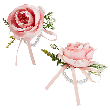 CRASPIRE 2PCS Flower Wrist Corsage Wedding Corsage Pearl Bracelet Wristbands Pink Artificial Flower Wrist Boutonniere Buttonholes Flower Wrists Wedding Flowers Accessories