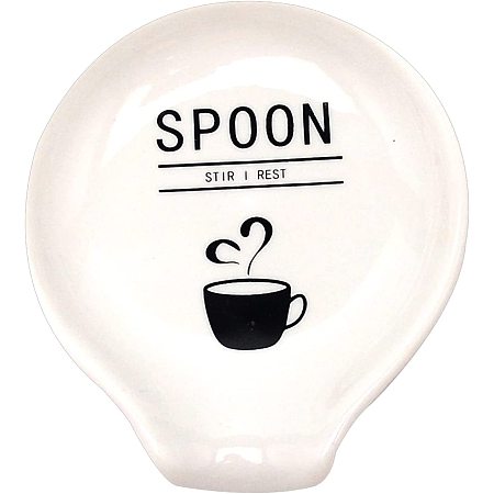 GORGECRAFT Coffee Spoon Holder Stir I Rest Mini Ceramic Spoons Rests Creamy White Porcelain Flat Round Funny Word Pattern Holders for Tea Cafe Bar Women Men Gifts Station Decor Accessories