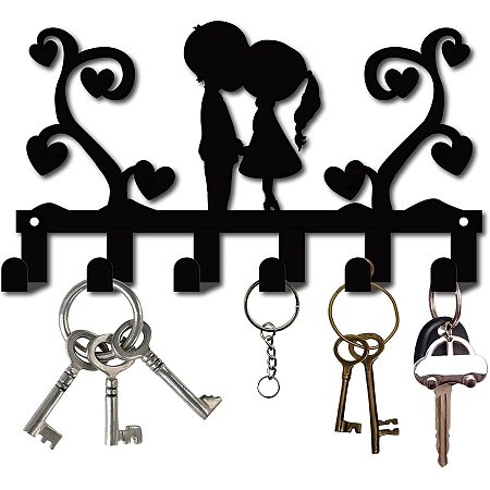 CREATCABIN Metal Key Holder Black Key Hooks Wall Mount Hanger Decor Iron Hanging Organizer Rock Decorative with 6 Hooks Love Couple for Home Housewarming Gift Entryway Cabinet Hat Towel 10.6 x 6.1inch
