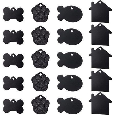 BENECREAT 32Pcs Black 4 Style Aluminum Stamping Blanks Tags Bone Oval House Dog Paw Prints Shape Tags with Hole for Necklace Bracelet Jewelry Pendant