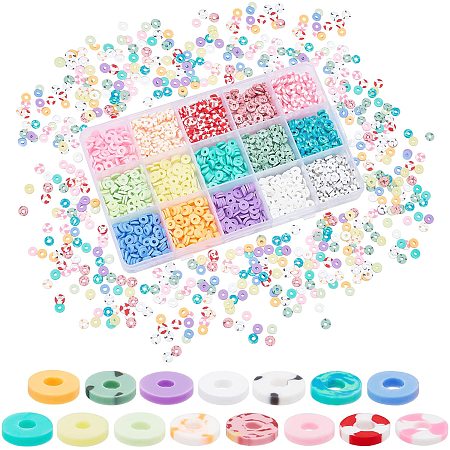 PandaHall Elite Heishi Clay Beads, 1800pcs Cute Donut Vinyl Disc Beads 15 Styles 6mm Handmade Polymer Clay Beads Colorful Flat Spacer Beads for Earring Necklace Choker Keychain, 2mm Hole