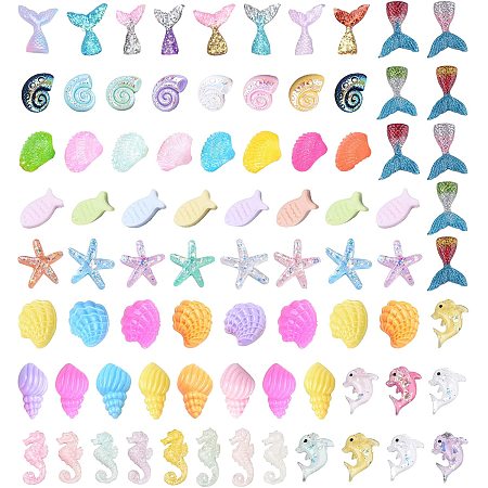 SUNNYCLUE 1 Box 80Pcs 10 Styles Animal Cabochons Colorful Sea Ocean Animals Slime Charms Transparent Fishtail Mermaid Dolphin Resin Cabochon Flatback for Scrapbooking DIY Jewelry Crafts, Random Style