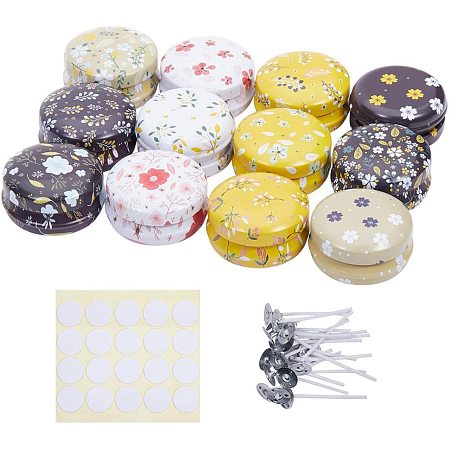 BENECREAT 12 Packs Small Flower Pattern Tinplate Round Candle Making Jars Tins with 20 Pcs Candle Wick and 20 Pcs Paper Stickers for Aromatherapy Balms