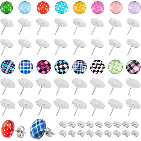 CHGCRAFT Stainless Steel Cup Post Earrings Kit 128Pcs Half Round Glass Cabochons 48Pcs 304 Stainless Steel Stud Earring Settings and 200Pcs 201 Stainless Steel Ear Nuts for DIY Earring Making