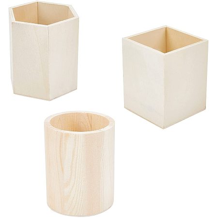 SUPERFINDINGS 3PCS Blanched Almond Hexagon & Rectangle & Column Unfinished Blank Cottonwood Pen Container for DIY Hand Painting Crafts Inner Diameter: 7.3x8.3cm