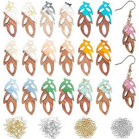 OLYCRAFT 180pcs Resin Wooden Earring Pendants Leaf Shape Wood Statement Jewelry Findings Wood Earring Accessories with Earring Hooks Jump Rings for Necklace Jewelry Making - 10 Colors
