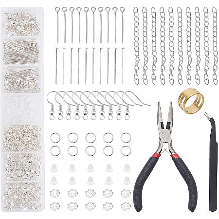 PandaHall Elite 558 Pcs Earring Making Kit Including Earring Hooks Ear Nuts Jump Rings Bead Caps NULL Head PinsChain Extender Needle Nose Plier Tweezer for DIY Earring Jewelry Craft Making, Silver