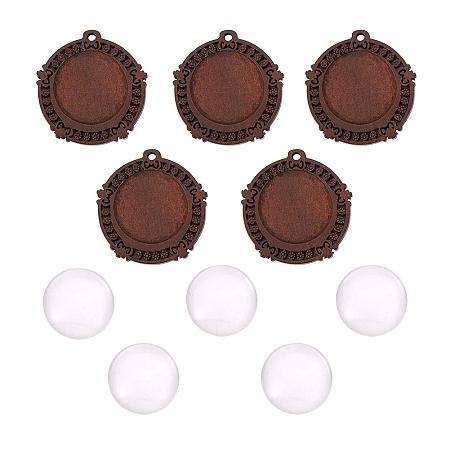 PH PandaHall 20pcs Round Wooden Pendant Trays Bezels Blank with 25mm Glass Cabochon Dome for Photo Pendant Cameo Jewelry Findings