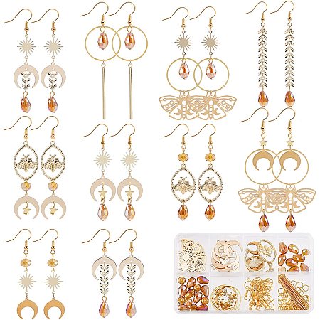 SUNNYCLUE 1 Box DIY 10 Pairs Sun Charms Moon Charms Earring Making Kit Hollow Butterfly Charms Bee Charms for Jewelry Making Charms Insect Charms Faceted Glass Beads Earrings Hooks DIY Craft Adult