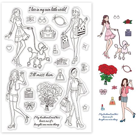 GLOBLELAND Shopping Lady Silicone Clear Stamps Transparent Stamps for Birthday Easter Valentine's Day Cards Making DIY Scrapbooking Photo Album Decoration Paper Craft