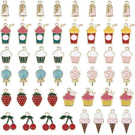 NBEADS 72 Pcs 12 Styles Alloy Enamel Pendants, Cake/ Drink /Ice Cream/ Strawberry/ Cherry /Lollipop Charms Light Gold Enamel Dangle Pendants for DIY Necklaces Bracelets Jewelry Making