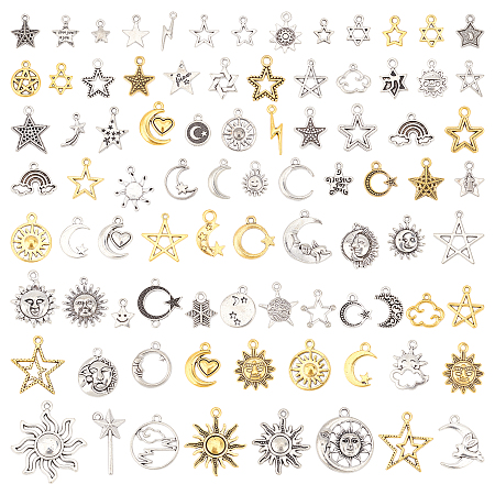 SUPERFINDINGS 2 Bags 2 Colors Sun Moon Star Jewelry Making Charm Tibetan Style Pendants Smooth Tibetan Silver Metal Charms Pendants for DIY Craft Jewelry Making