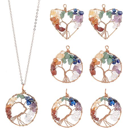 SUPERFINDINGS 6Pcs 3 Styles Crystal Tree of Life Wire Wrapped Pendant 53.5~54.5x42~45.5mm Healing Quartz 7 Chakra Crystals Gemstone Charms Life of Tree Pendant Charms for Jewelry Making, Hole: 5.5mm