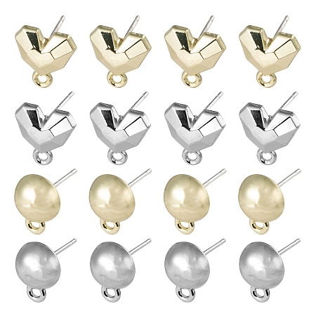 Arricraft 16Pcs 4 Style Spray Painted Alloy Stud Earrings Findings, with 925 Sterling Silver Pins and Loops, Half Round & Heart, Golden & Silver, 11~11.5x8~10mm, Hole: 1.8mm, Pin: 0.5mm, 4pcs/style