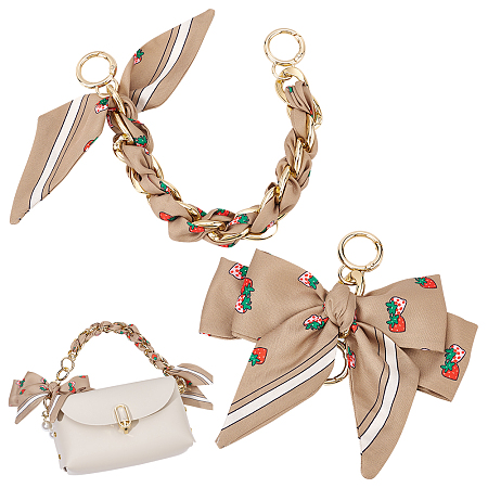 WADORN Handbag Accessories Set, including Zinc Alloy Curban Chain Bag Straps, Cotton Bowknot Ornament, with Aluminum Spring Gate Ring, Tan, Chain: 31.5cm, Bowknot: 14.5cm