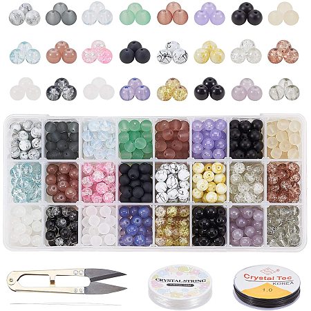 PH PandaHall 24 Color 8mm Glass Beads Round Loose Beads Glass Spacer Beads with Scissors, 2 Roll Crystal String, Beading Needles for Necklace Bracelets Jewelry Making