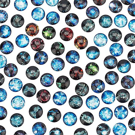 PandaHall Elite 96pcs 12 Constellation Glass Cabochons 12mm Round Zodiac Sign Horoscope Flat Back Beads Glass Dome Cabochons Charm for Keychain Key Ring Bracelet Jewelry Making Friends Gift