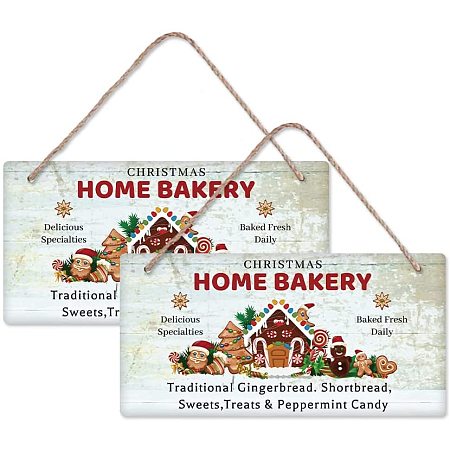 Arricraft 2 Pcs Home Bakery Wood Hanging Sign Christmas Themed Rustic Wooden Rectangle Door Hanging Jute Twine Decor Art Display Wall Plaque for Front Door Porch Farmhouse Decoration5.9x11.8in