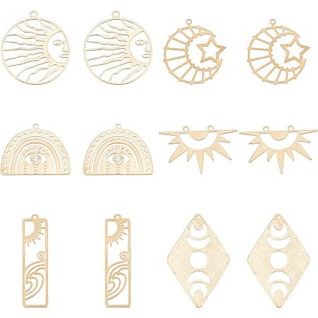 SUPERFINDINGS 12Pcs 6 Styles Brass Pendants Moon with Star Jewelry Charms Hollow Half Round Pendant Rhombus Rectangle Dangle Pendants for DIY Necklace Bracelet Jewelry Making