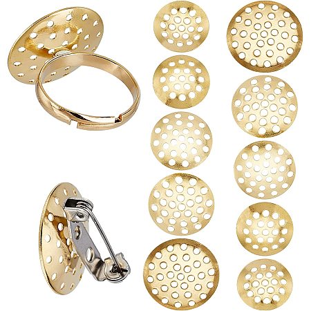 SUNNYCLUE 1 Box 100Pcs 5 Size Brass Brooch Pendant Finger Ring Brooch Sieve Findings Silver Flat Round Brooch Clasps Cabochon Trays for DIY Jewelry Craft Making Decoration Accessories