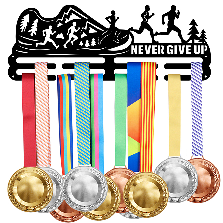 SUPERDANT Sports Theme Iron Medal Hanger Holder Display Wall Rack, with Screws, Word Never Give Up, Running Pattern, 150x400mm