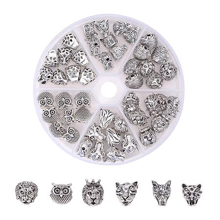 PandaHall Elite 48pcs 6 Styles Animal Head Spacer Beads Tibetan Alloy Lion Wolf Leopard Owl Head Beads Charms Connector for Bracelet Necklace Earrings Jewelry Making, Antique Silver