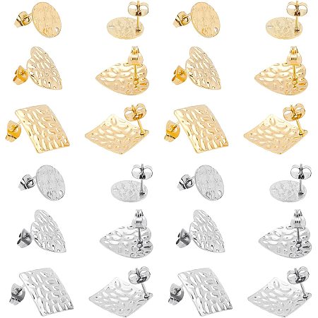 DICOSMETIC 36Pcs 3 Styles 2 Colors Stainless Steel Stud Heart Earring Findings Flat Round Stud Earring Findings Square Earring Studs with Loop and Earring Backs for Dangle Earring Jewelry Making