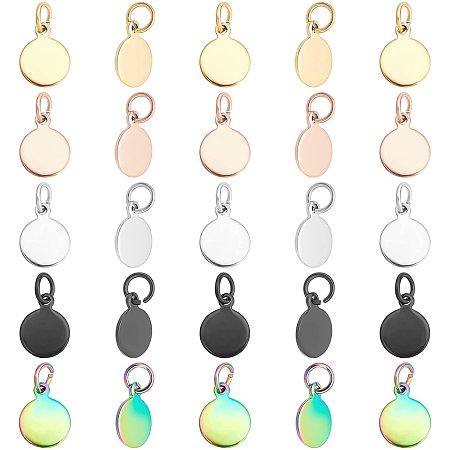 UNICRAFTALE 50pcs 5 Colors Vacuum Plating Flat Round Charms 304 Stainless Steel Charms Charms with Jump Rings for DIY Necklace Bracelet Jewelry Making Craft 10mm,Hole 3.5mm