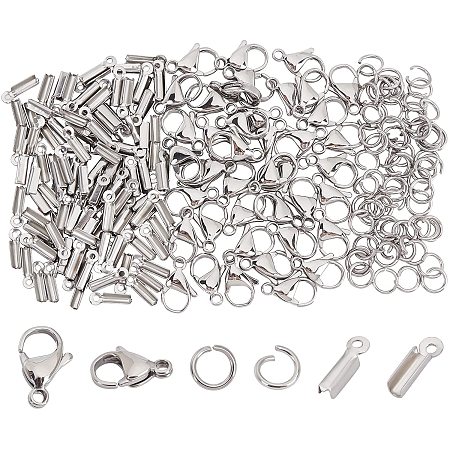 UNICRAFTALE About 180pcs 3 Styles Jewelry Findings Includes Fold Over Crimp Cord Ends Lobster Claw Clasps and Jump Rings Stainless Steel Color Jewelry Making Kit for Beginners