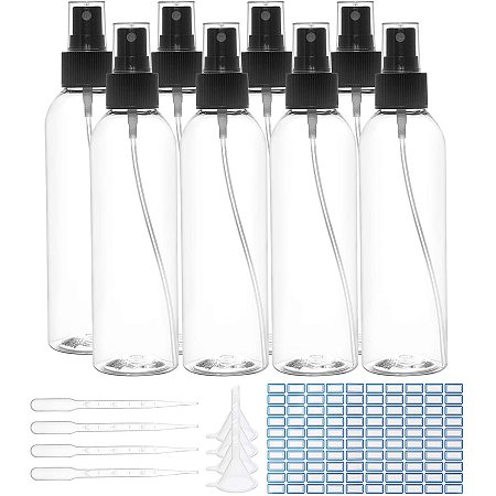 BENECREAT 8 Pack 6.7oz Clear Fine Mist Spray Bottles with Black Atomizer Sprays Empty Plastic Travel Bottle Set with 10 3ml Droppers, 4 Funnels and 1 Sheet Label for Cleaning Liquid