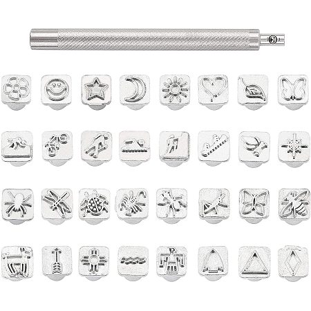 PandaHall Elite 32 pcs Stainless Steel Leathercraft Metal Insect Theme Stamps Punch Set Tool with 1 pc Handle for Leather Craft Belt Bag Craft DIY Jewelry Marking