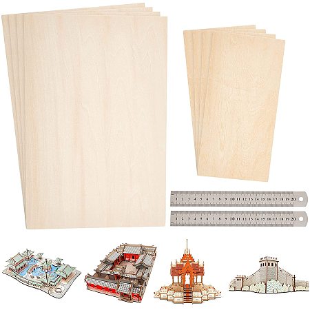 OLYCRAFT 10pcs Unfinished Wood Sheets Rectangle Basswood Sheets with Stainless Steel Ruler Thin Unfinished Plywood Board for DIY Wooden House Aircraft Ship Boat Model Projects 10x20/20x30 cm
