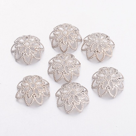 Honeyhandy Platinum Brass Filigree Flower Bead Caps, Fancy Bead Caps, Lead Free & Nickel Free, about 10mm wide, 4mm long, hole: 1mm