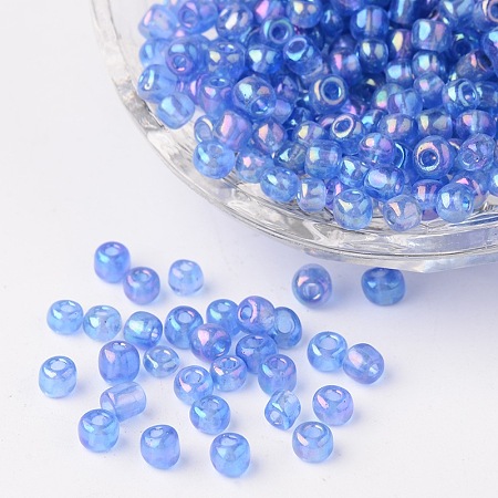 Honeyhandy 6/0 Transparent Rainbow Colours Round Glass Seed Beads, Cornflower Blue, Size: about 4mm in diameter, hole:1.5mm, about 495pcs/50g
