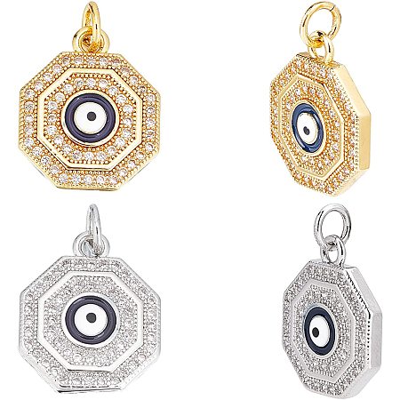 NBEADS 4 Pcs Cubic Zirconia Evil Eye Charms, Octagon with Evil Eyes Charms Brass Micro Pave Turkish Eye Charms Cubic Zirconia Charms with Evil Eye Beads for Jewelry Making, Silver and Golden