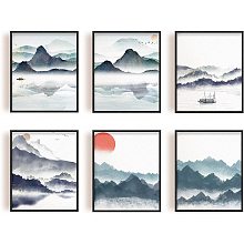 SUPERDANT Landscape Unframed Canvas Prints Mountain Pictures 6Pcs Watercolor Wall Art Prints Fishing Boat Ink Wash Painting Chinese Painting Canvas Print Room Decor for Living Room Bedroom