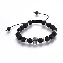 Honeyhandy Adjustable Natural Lava Rock Braided Bead Bracelets, with Stainless Steel Beads and Tibetan Style Spacer Beads, Skull, 2 inch~3 inch(5.2~7.8cm), skull: 14x9x9mm