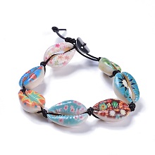 Honeyhandy Printed Cowrie Shell Bead Bracelets, with Cowhide Leather Cord and 304 Stainless Steel Buttons, Colorful, 8-1/4 inch(21cm)