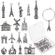 SUNNYCLUE 1 Box 16 Styles Tourist Theme Wine Glass Identifiers Charms Drink Markers Tags Tibetan Style Alloy Pendants Stainless Steel Hoop for Party Favors Decoration Supplies Gifts